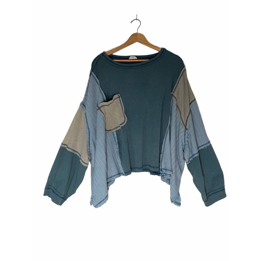 POL Blue Mixed Media Waffle Knit Patchwork Raw Hem Top Balloon Sleeve Large